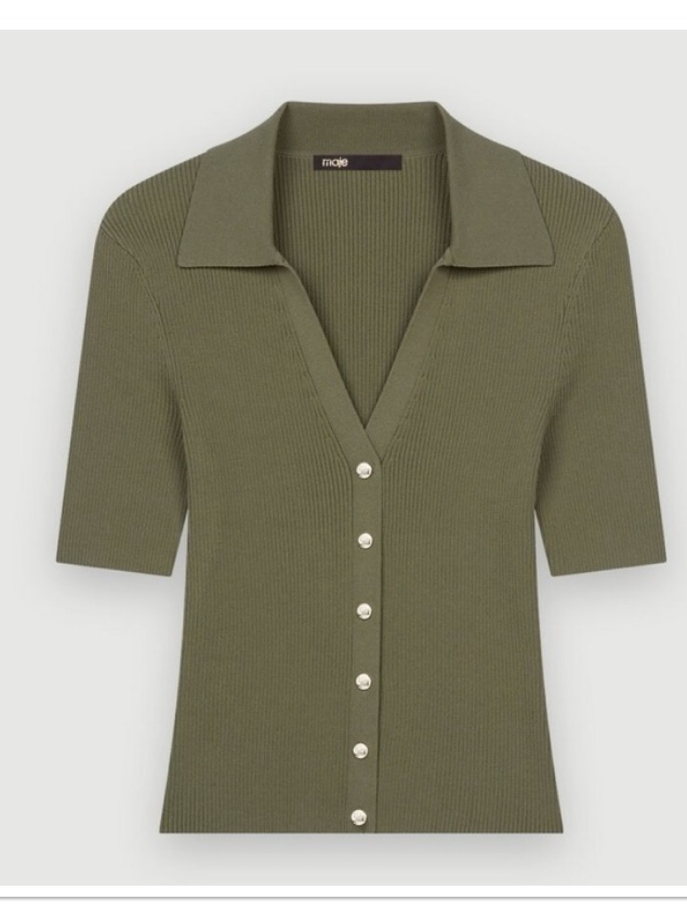 Maje Mimosally Olive Ribbed Knit Polo-Style Button Down Top Size 1 XS